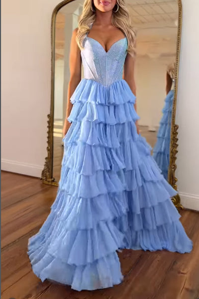 Charming A-Line Strapless Ruffle Tiered Chiffon Long Prom Dresses with Beadings VK26020104