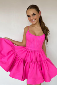 Cute A-Line Scoop Neck Hot Pink Satin Short Homecoming Dresses VK23082406