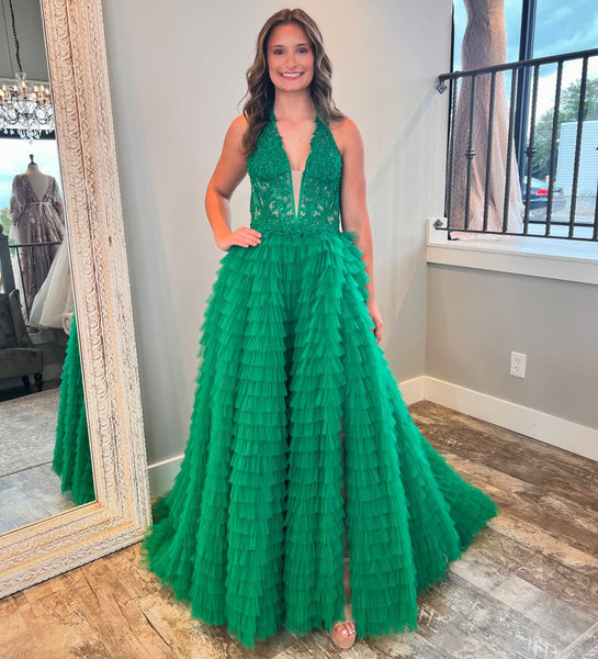 V Neck A Line Long Prom Dresses Tulle Lace Ruffles Evening Gowns