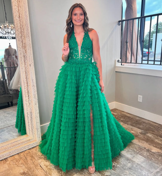 V Neck A Line Long Prom Dresses Tulle Lace Ruffles Evening Gowns