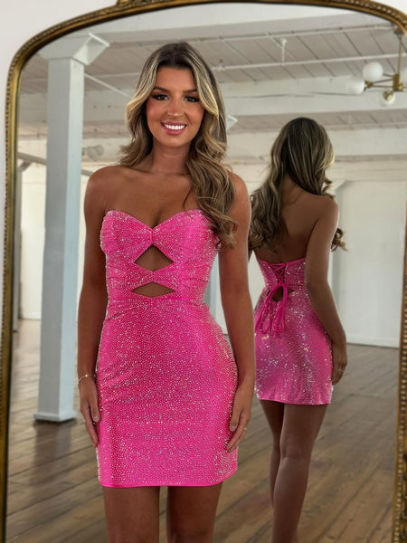Sparkling Pink Keyholes Strapless Short Homecoming Dress with Beading VK25092502