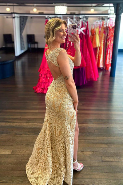 Mermaid V Neck Champagne Lace Long Prom Dresses with Slit VK24040804