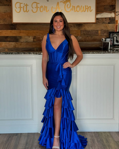 Satin Ruffles Mermaid Prom Dresses Long with Slit Sexy V Neck Evening Dresses