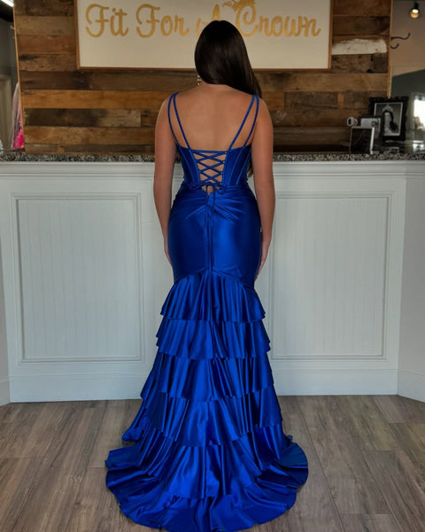 Satin Ruffles Mermaid Prom Dresses Long with Slit Sexy V Neck Evening Dresses