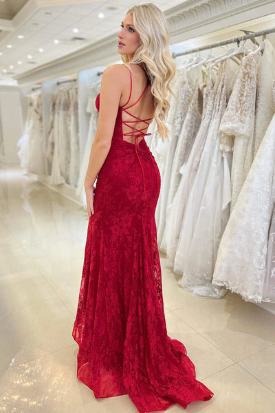 Red Lace V Neck Mermaid Prom Dress VK23110310