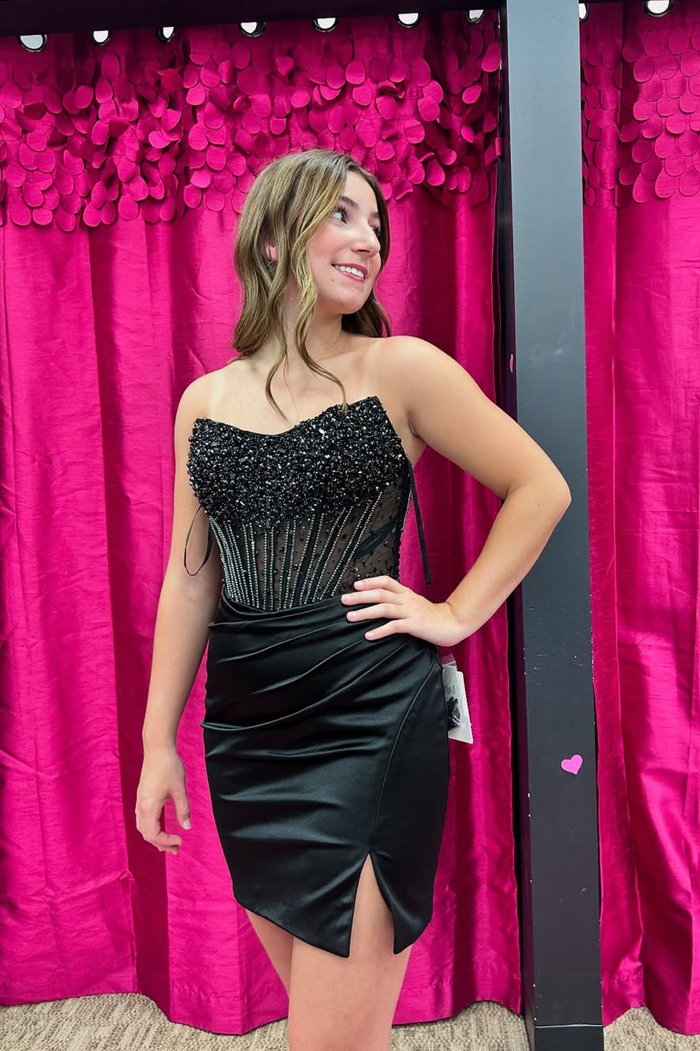 Black Strapless Satin Tight Corcet Short Homecoming Dresses with Beadings VK25091704