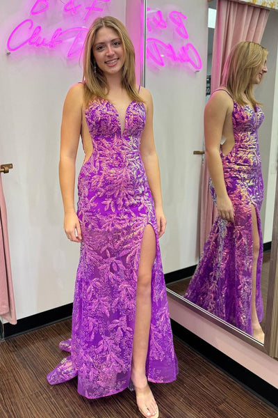 Purple Sequins Lace V Neck Mermaid Long Prom Dress with Slit VK23123108