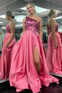 Hot Pink One Shoulder Mirror-Cut Sequins Top Long Prom Dress with Slit VK23102902