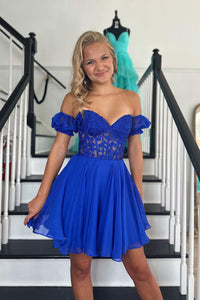 Cute A Line Sweetheart Royal Blue Chiffon Short Homecoming Dress with Appliques VK23081602