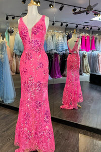 Pink Sequin Appliques Plunge V Mermaid Long Formal Dress VK23102603