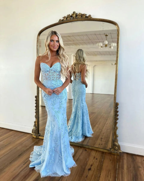 Cute Mermaid Sweetheart Light Blue Lace Long Prom Dresses VK23051204