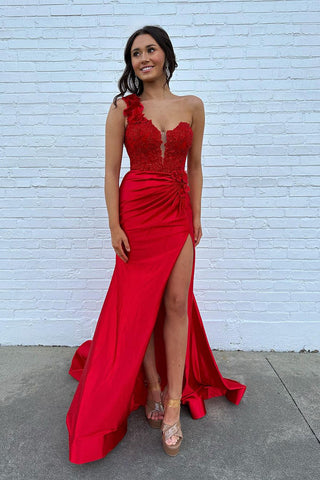 Red One Shoulder Satin Mermaid Long Prom Dresses with Slit VK24021902