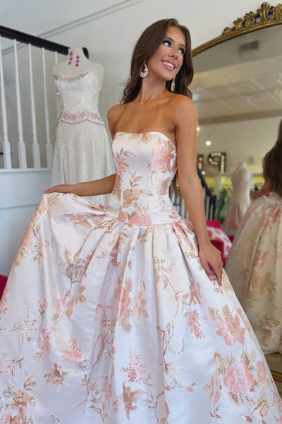 A-Line Strapless Light Pink Jacquard Satin Long Prom Dress VK26102602