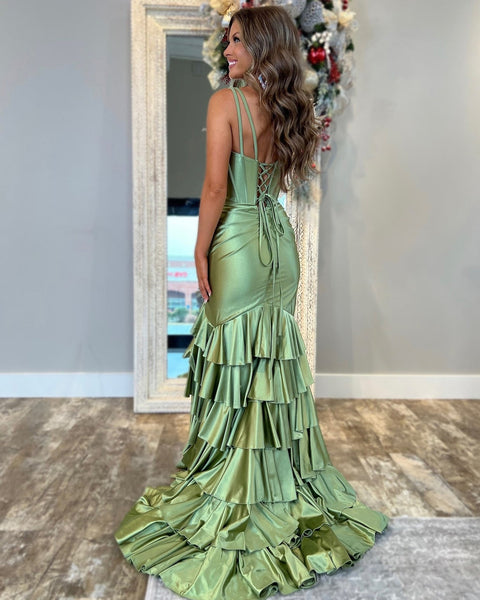 Satin Ruffles Mermaid Prom Dresses Long with Slit Sexy V Neck Evening Dresses