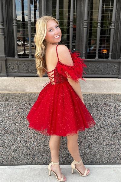 Red A-Line Beaded Homecoming Dresses with Feathers VK23072304