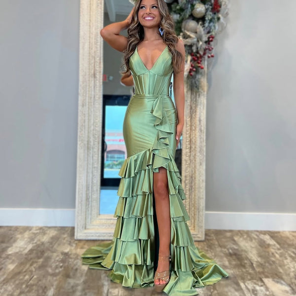 Satin Ruffles Mermaid Prom Dresses Long with Slit Sexy V Neck Evening Dresses