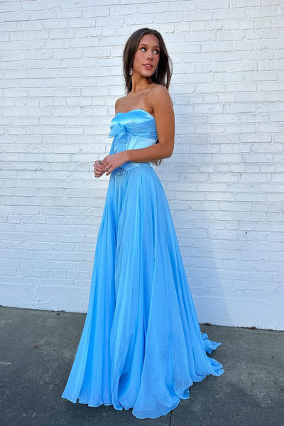 Cute A Line Sweetheart Blue Chiffon Prom Dress with Bow VK5111408