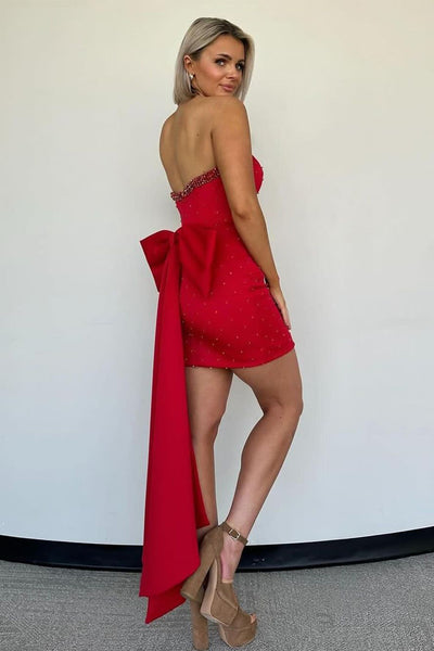 Red Strapless Beaded Bodycon Short Prom Dresses Homecoming Dress VK24041401