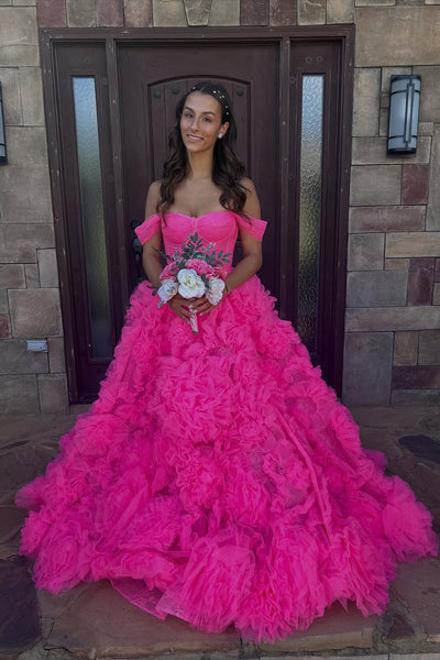 Gorgeous A Line Off the Shoulder Pink Tulle Tiered Prom Dress VK25100704