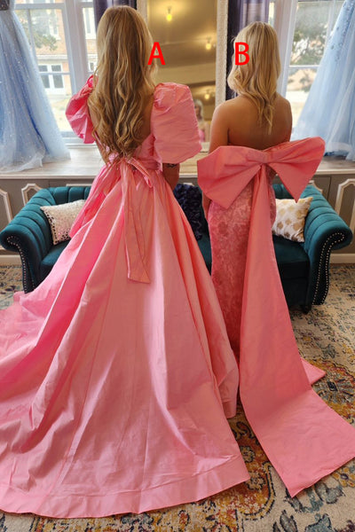 Pink Sweetheart Puff Sleeves A-Line Long Prom Dresses VK24031105