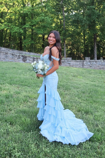 Cute Mermaid Off the Shoulder Light Blue Tiered Prom Dresses with Slit VK25050802