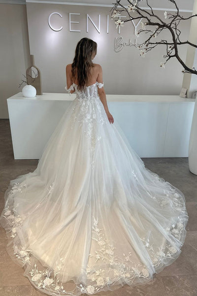 Fairy A Line Off the Shoulder Tulle Wedding Dresses with Appliques VK1312801