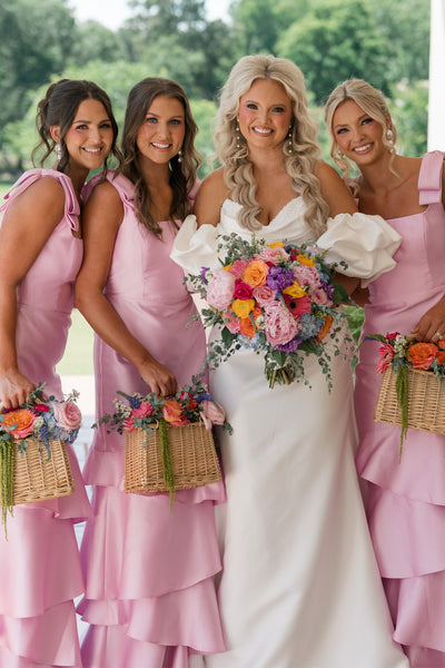 Mermaid Square Neck Bows Straps Ruffle Tiered Long Bridesmaid Dresses VK26081901