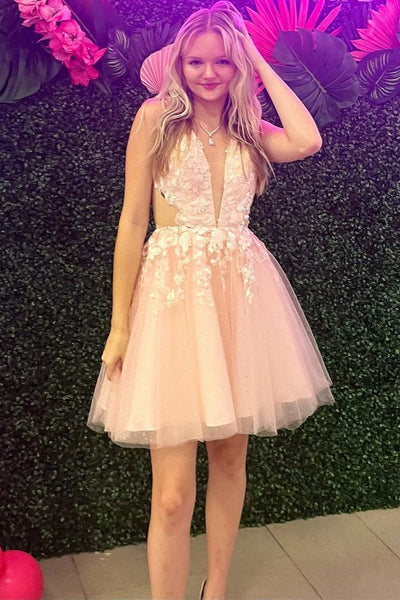 Pink Tulle Appliques Plunge V Short Homecoming Dress VK23080704