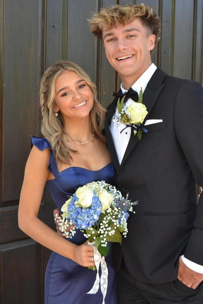 Sheath Sweetheart Navy Blue Satin Ruffles Long Prom Dresses with Side Slit VK26011802