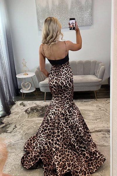 Mermaid V Neck Leopard Print Prom Dress with Bow VK15120305