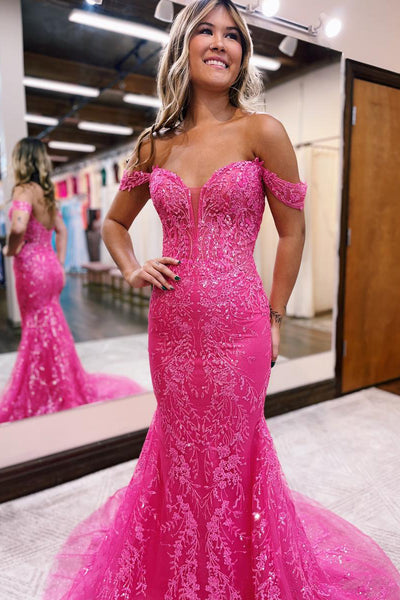 Hot Pink Off the Shoulder Sequin Lace Long Mermaid Prom Dress VK23100403