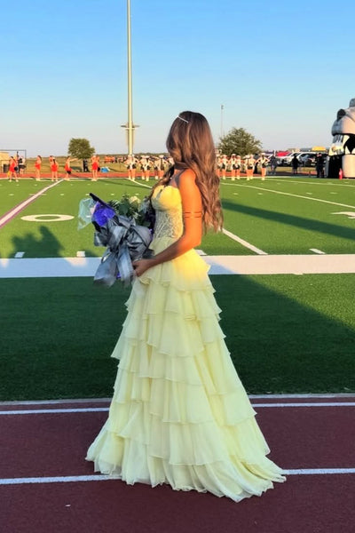 Fashion A Line Sweetheart Daffodial Chiffon Tiered Prom Dress VK25100609