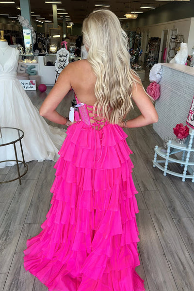 Cute A Line Scoop Neck Hot Pink Chiffon Tiered Prom Dress VK090807