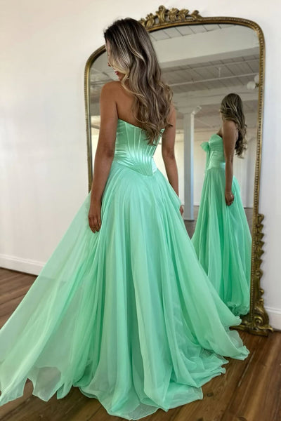 A Line Strapless Light Blue Chiffon Long Prom Dress with Slit VK22804
