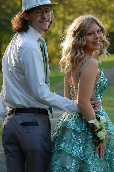 Cute A Line V Neck Sage Green Sequins Lace Short Homcoming Dresses VK13101