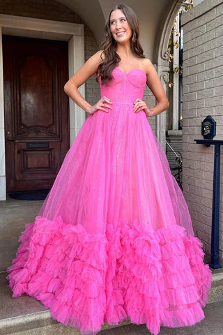 Fuchsia Strapless Ruffle A-Line Long Prom Dress VK23122001