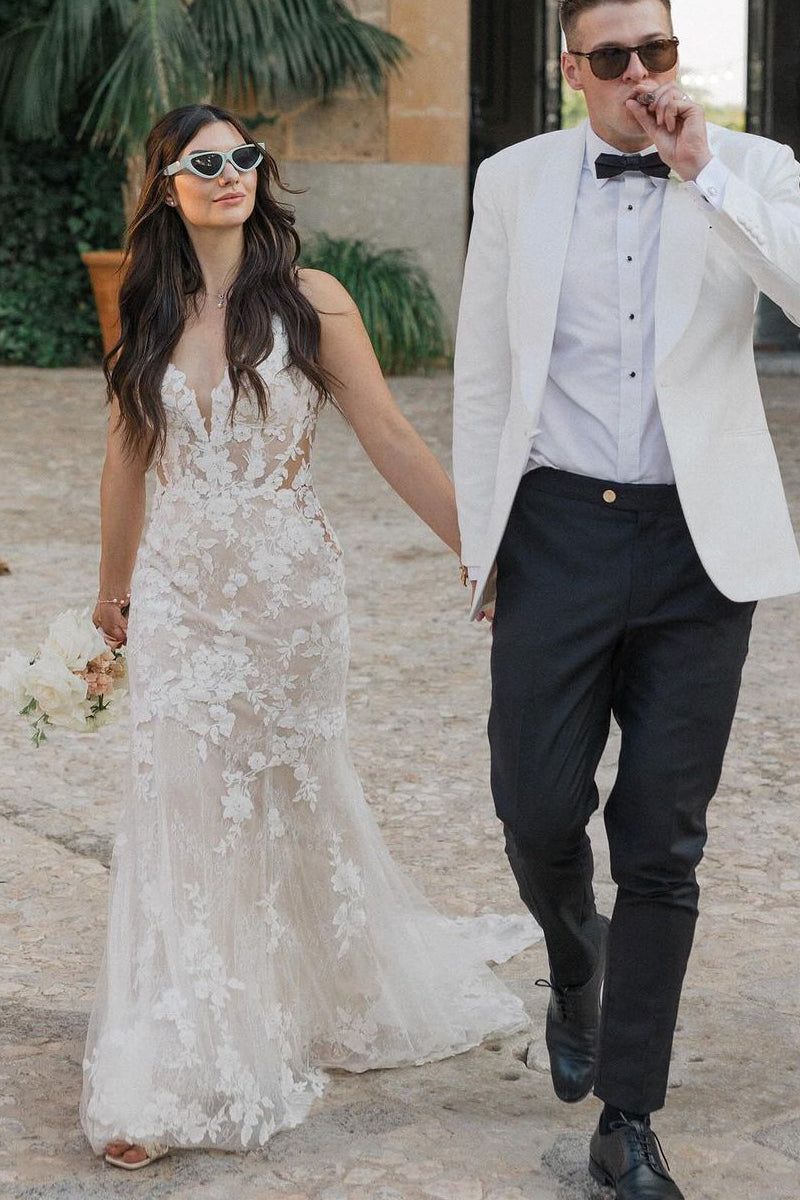 Mermaid V Neck Tulle Lace Wedding Dresses VK24011006