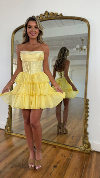 Cute A Line Strapless Yellow Chiffon Tiered Homecoming Dress with Beading VK25061106