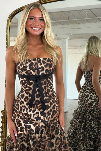 Cute Mermaid Strapless Leopard Chiffon Tiered Slit Prom Dress VK26031804