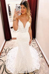 Ivory Spaghetti Straps Long Train Lace Mermaid Wedding Dress VK23090405