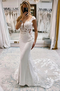 Romantic Mermaid Cap Sleeves White Satin Wedding Dresses with Lace VK23082703