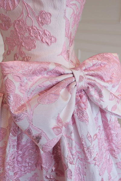 Cute A Line Sweetheart Pink Jacquard Satin Prom Dress with Bow VK16012908