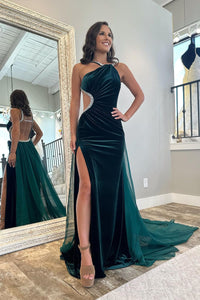 Sexy Mermaid Halter Backless Dark Green Velvet Prom Dresses with Beading VK23082403