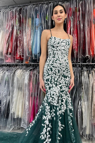 Hunter Green Straps Trumpet Long Formal Dress with White Appliques VK23101108