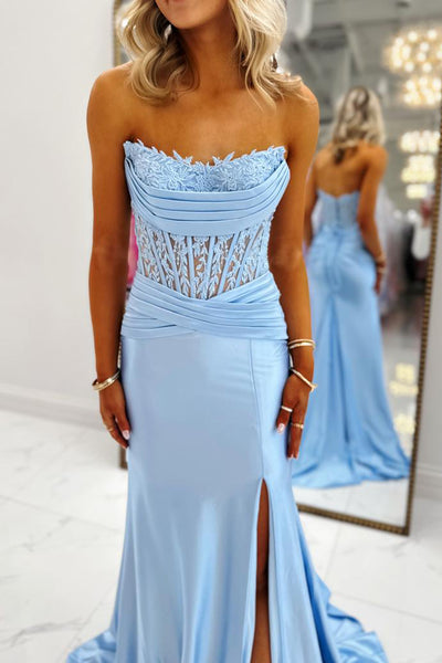 Mermaid Strapless Corset Blue Satin Pleats Long Prom Dresses with Slit VK26020906