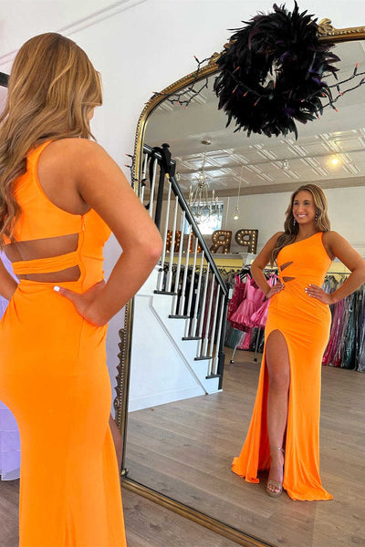 Orange One Shoulder Cut Out Waist Mermaid Prom Dress VK23110302