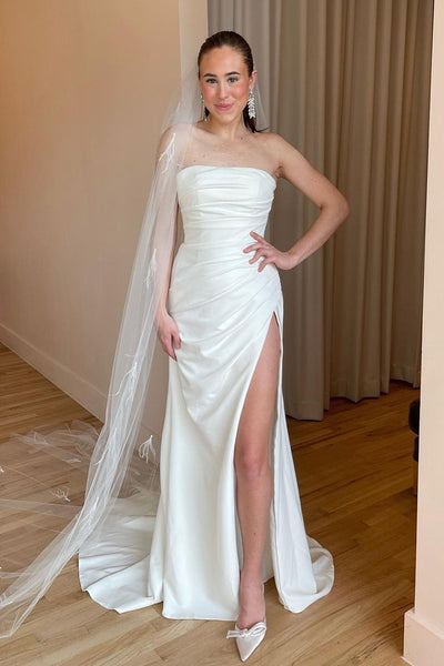 Simple Sheath Strapless White Satin Wedding Dresses with Side Slit VK23081902