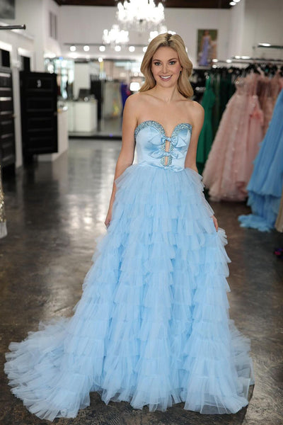 Light Blue Sweetheart Tiered Tulle Long Prom Dresses VK24021903