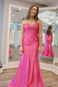 Mermaid Sweetheart Pink Satin Long Prom Dresses VK24012803