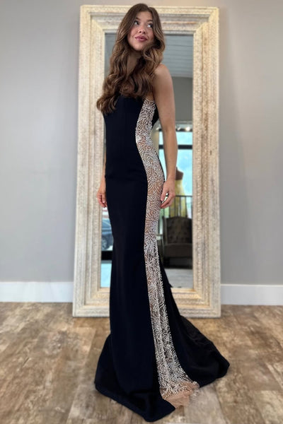 Charming Mermaid V Neck Black Satin Prom Dress with Beading VK25060506